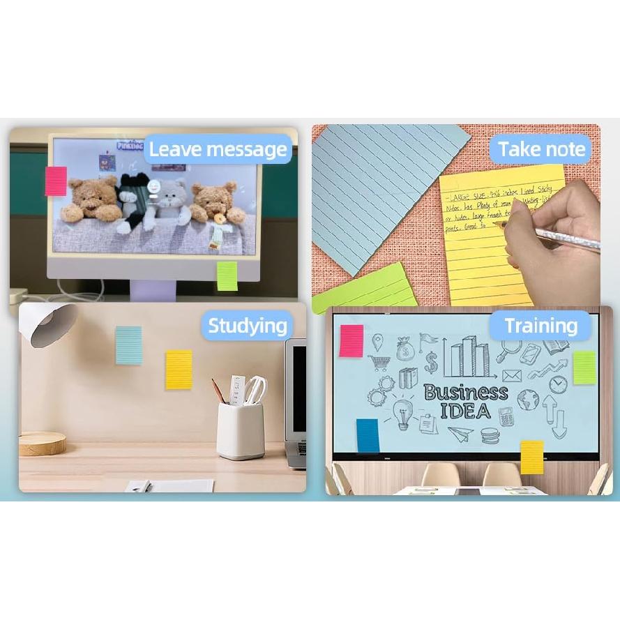6 Pads Lined Sticky Notes Post,4x6 Inches,Super Stick it ,Bright Color ,45 Sheets/Pads, Self-Adhesive memo for School , Office & Home, Multicolor
