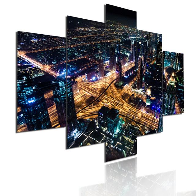 Wall Art Metropolis Skyscrapers Canvas Painting 5 Pieces Modular Picture Bustling City Night Poster HD Printed for Home Decor