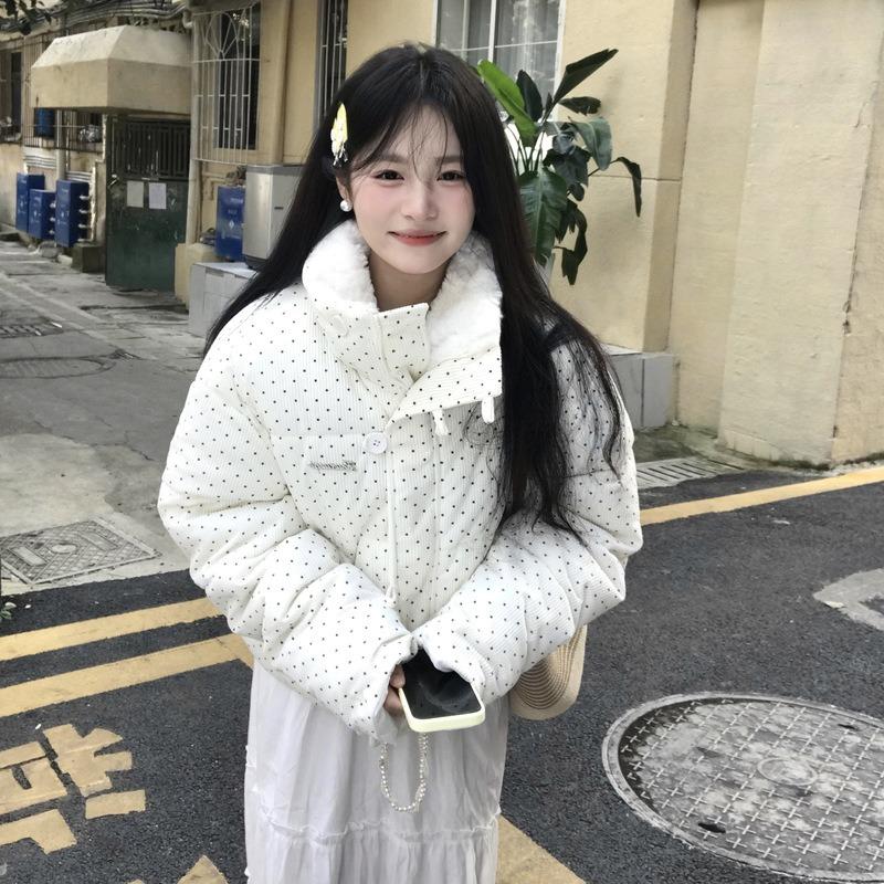 Polka dot sweet short fluffy lapel cotton-padded jacket female students winter new thickened warm cotton clothes
