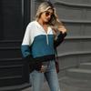 Women's Autumn and Winter New Loose Contrasting Color Spliced Zipper Hooded Long Sleeved Top for Women