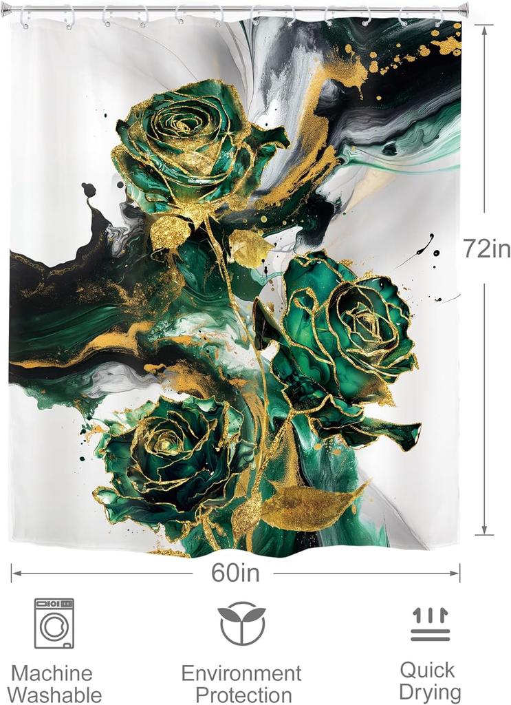 Green Gold Marble Flower Shower Curtain Rose Abstract Modern Floral Luxury Minimalist Ink Texture Men Hooks Fabric Waterproof