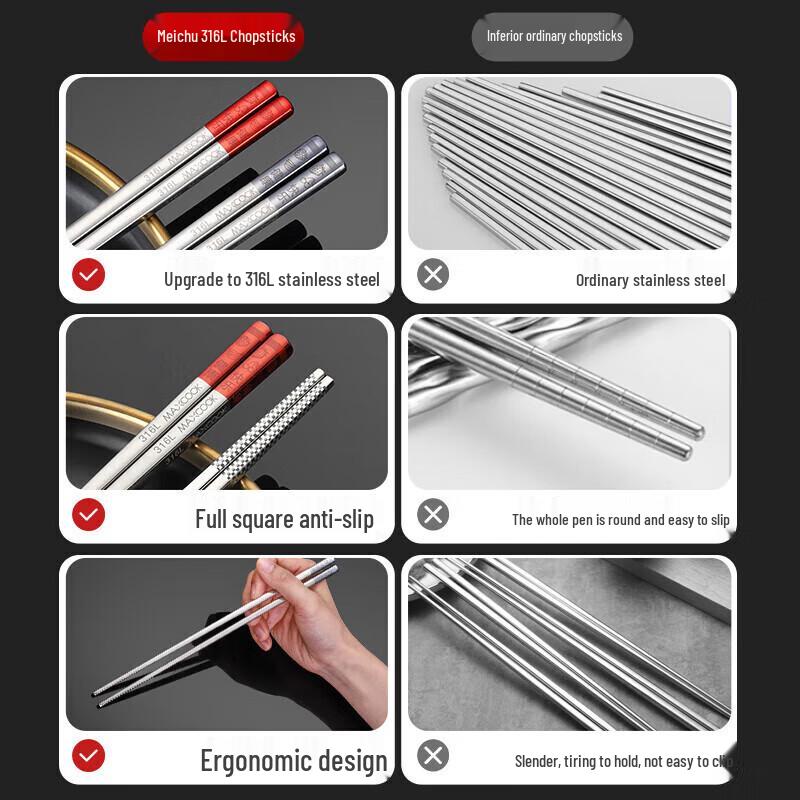 Meichu 316L Stainless Steel Individual Serving Chopsticks - 2 Pair Set