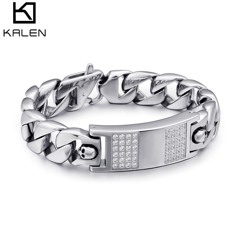 Kalen High Quality Stainless Steel Skull Men's Bracelet Inlaid Zircon Charm Cuban Chain Accessories Punk Jewelry Accessories