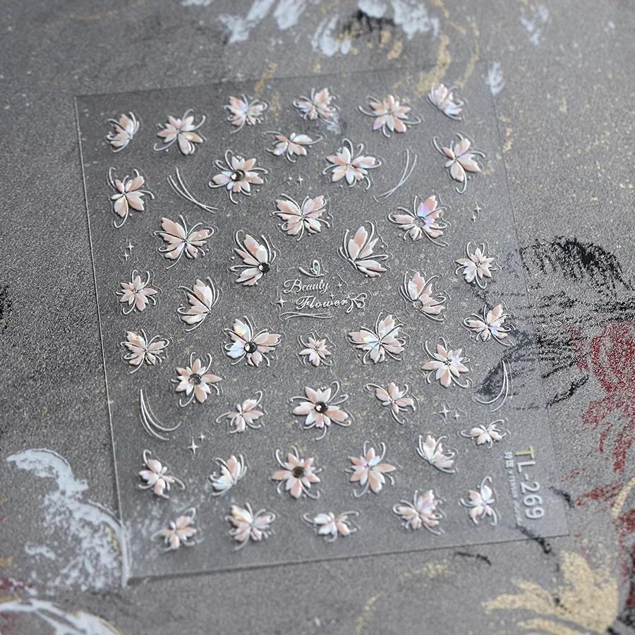White Flower Gold Leaf Floral Petal Tulip Bloom Charming Retro Metal Soft Self Adhesive 5D Nail Art Sticker Manicure Decal DIY