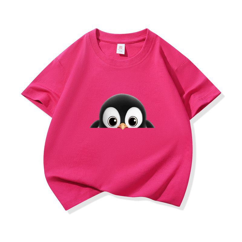 Kids Cotton T Shirt Cute Peeking Penguin Print Crew Neck Short Sleeve Tee Casual Breathable Boys Girls Summer Tops