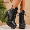 Leather Black Side Zip Women's High Heel Short Boots Lace-up Platform Shoes for Women Comfortable Autumn Winter  De Mujer
