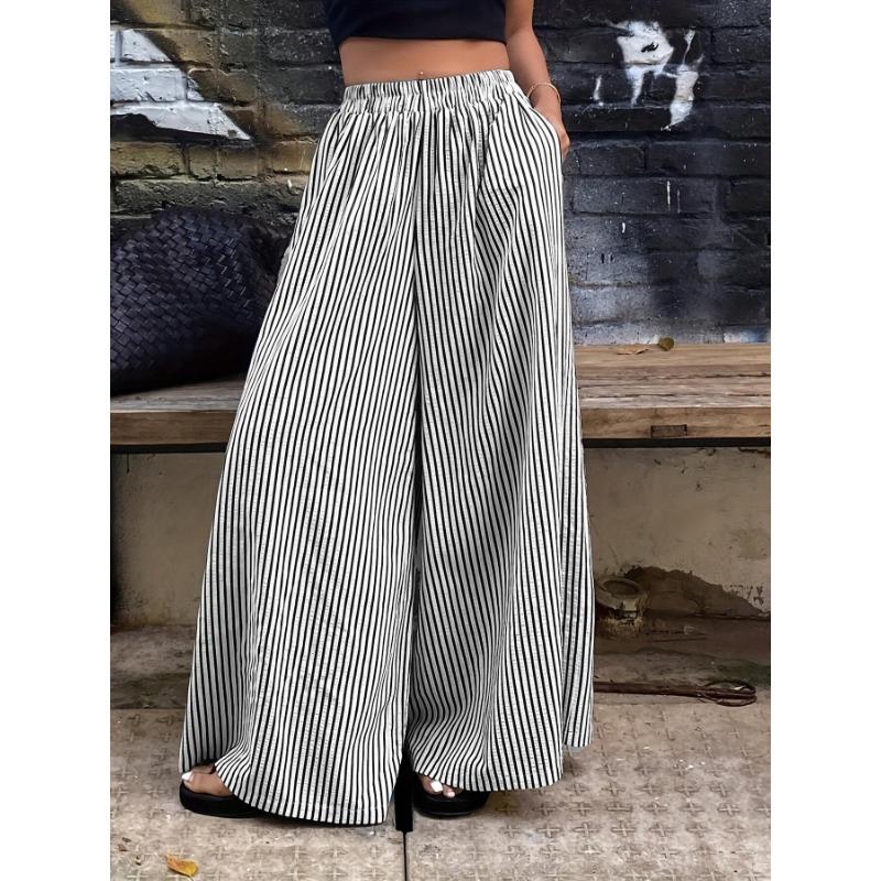 Fashion Striped Elastic Waist Straight Leg Wide Leg Pants Women Elegant Casual Loose Long Pants Spring Autumn Printed Simple Clothing