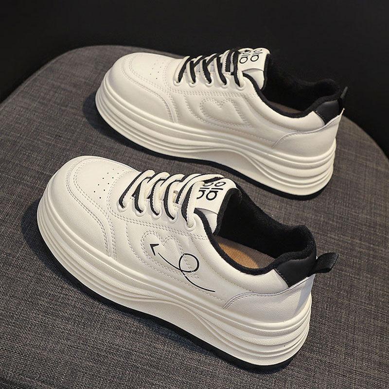 Leather Platform White Shoes Women's Autumn and Winter New Velvet Women's Shoes Casual Sports Shoes Heightening Versatile Board Shoes Women
