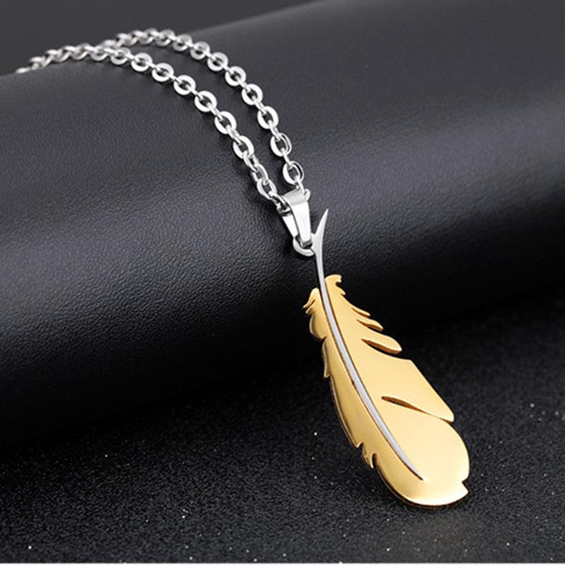 SCIONE Classic Titanium Steel Necklace Feather Pendant Pure Steel with Chain Couple Necklace
