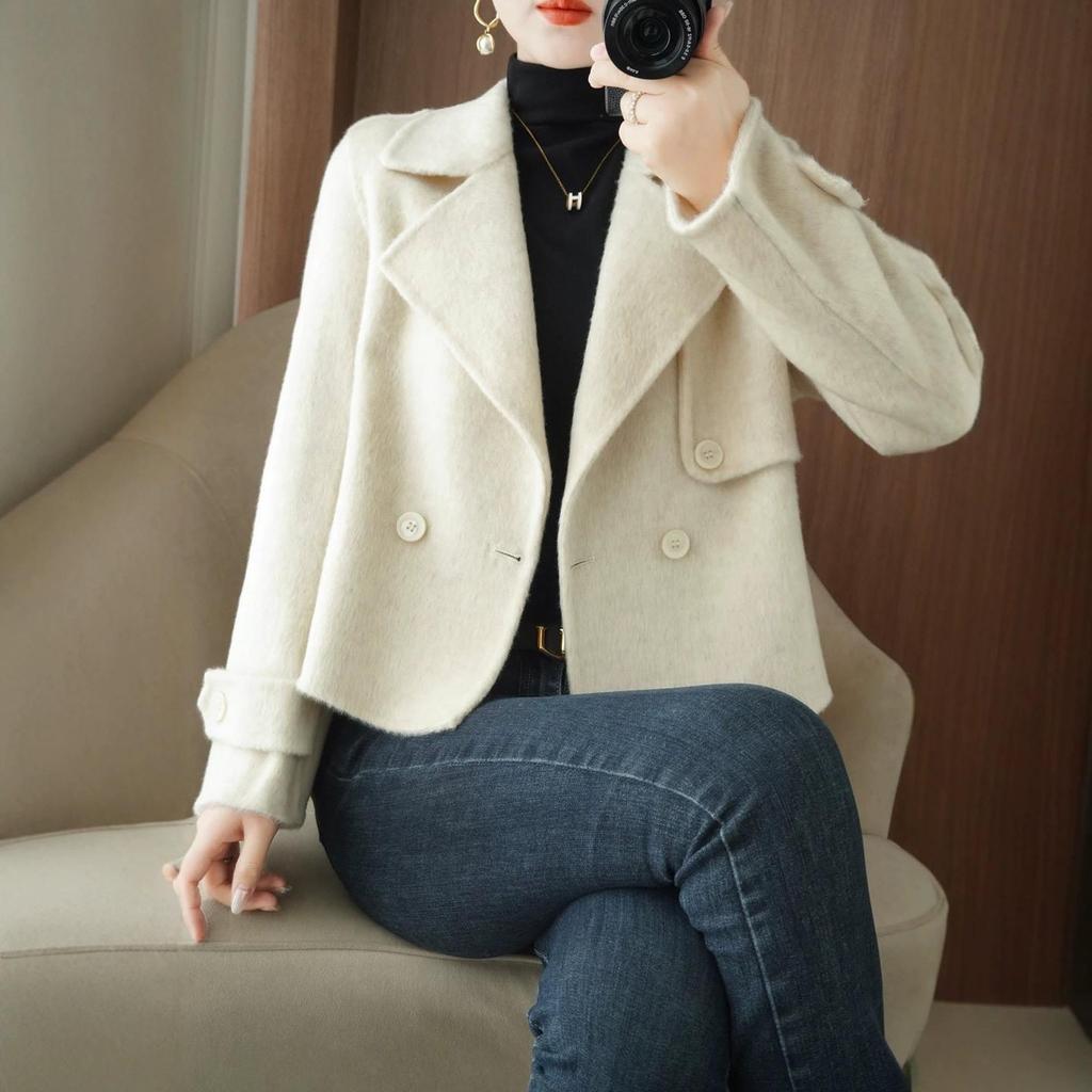 Petite Versatile Double-Faced Wool Coat: Short Double-Breasted Casual Suit Collar Slimming Outerwear