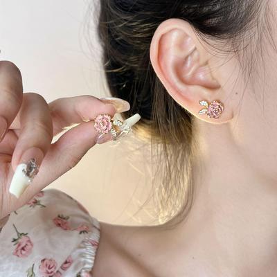 Beautiful Pink Micro Inlaid Zircon Rose Earring Ring