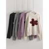 Streamgirl Winter Gray Sweater Flower Women Loose Knit Pullovers Purple Knitwear Vintage Warm Flower