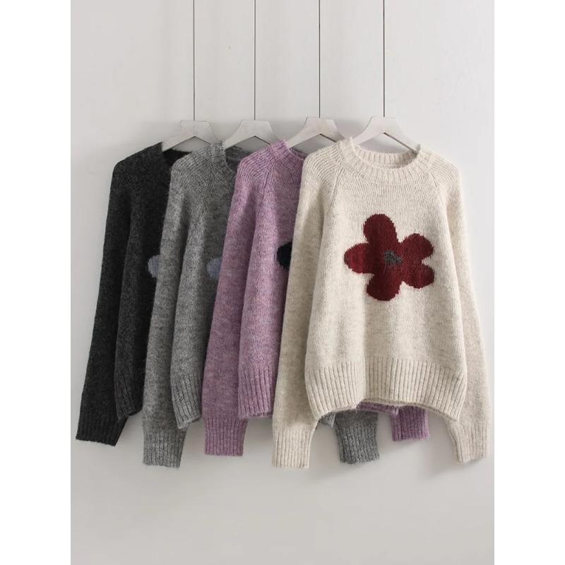 Streamgirl Winter Gray Sweater Flower Women Loose Knit Pullovers Purple Knitwear Vintage Warm Flower