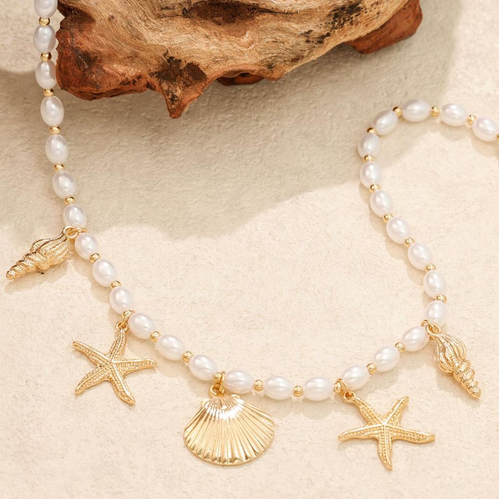 Temperament Ocean Element Metal Imitation Pearl Beaded Shell Conch Starfish Ladies Necklace