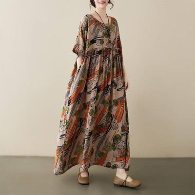 Frau Frühling Lose Kurze Ärmel Vintage Spleißen A-linie Kleid O-ausschnitt Chinesischen Stil Kleid