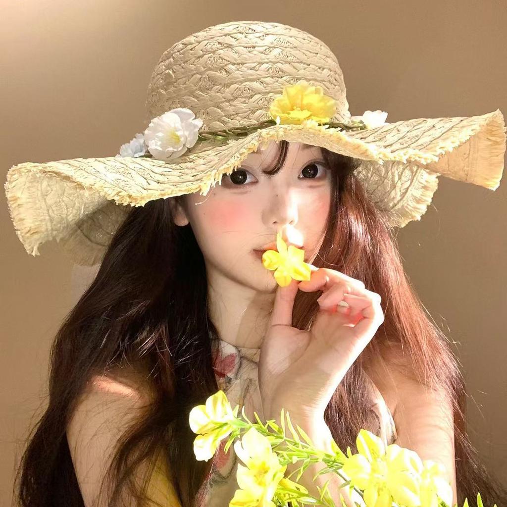 Flower Bow Straw Hat Women's Summer Seaside Beach Vacation Wind Hat Travel Photo Big Brim Sun Hat