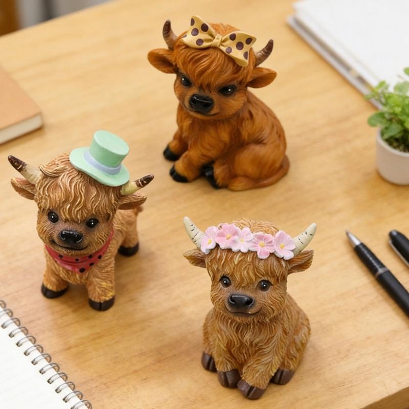 Niedlicher Hochlandrind-Kalb Harzfigur mit detaillierter Schleife Miniatur Heimdeko Statue für Bauernhaus Etagen-Tablett