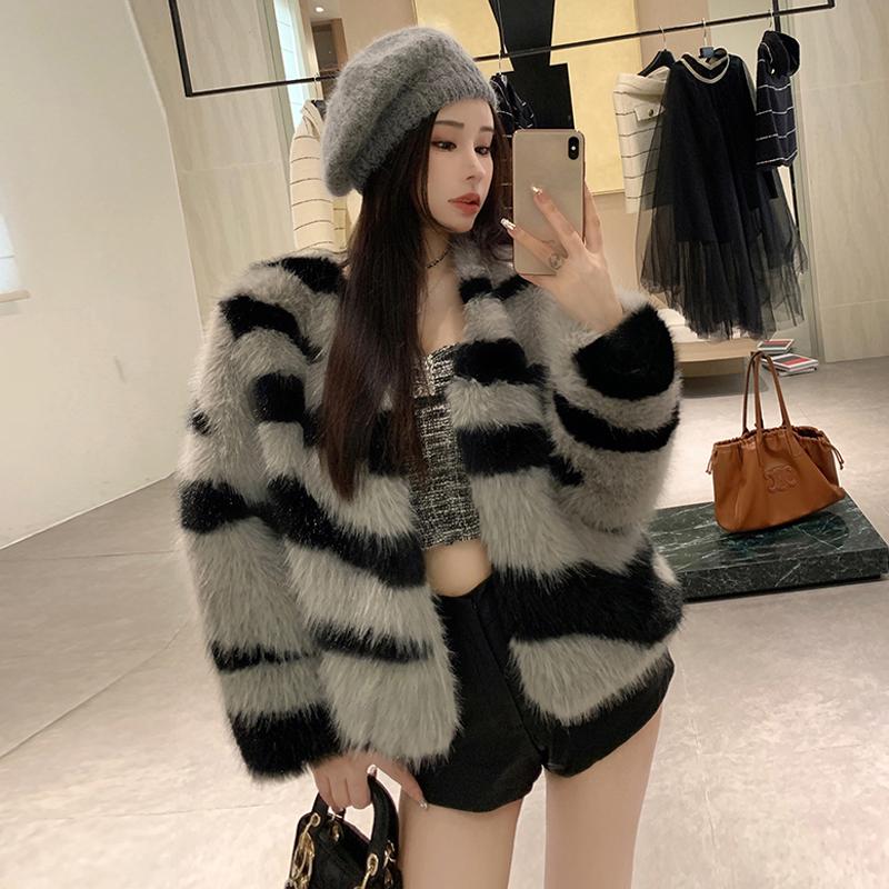 Manteau en fausse fourrure de renard rayé zèbre pour femme, automne hiver, veste en fourrure à col rabattu, vêtements d'extérieur