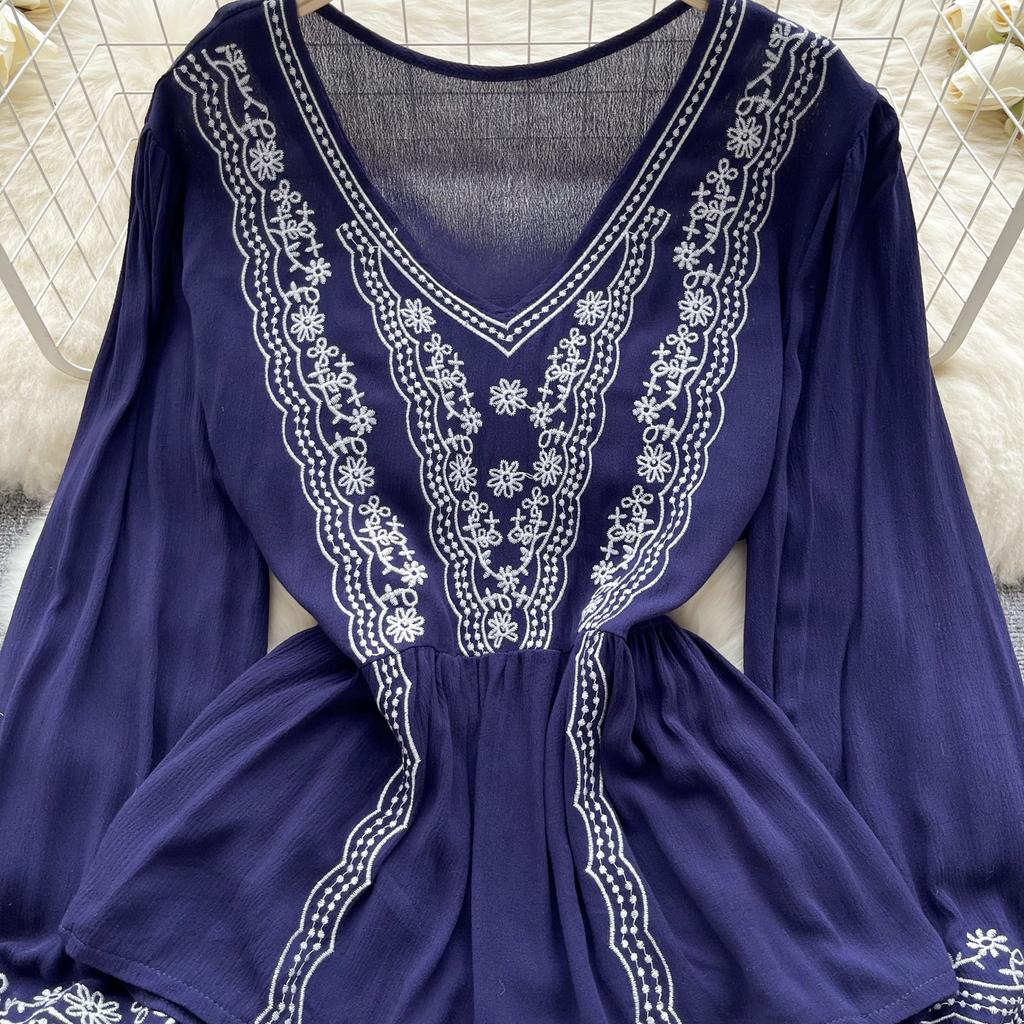 Floral Embroidery Spring Loose Blouse Elegant Bohemian Design Long Sleeve Ladies Fashion  Summer Casual Shirt
