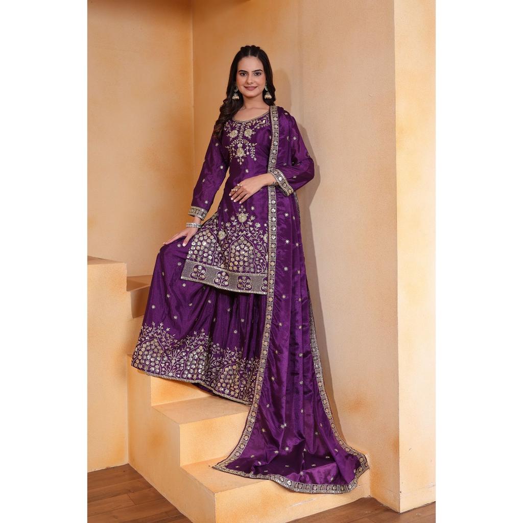 Presenting  New Designer Embroidered Chinon Sharara Suit With Sequence Embroidered Work