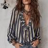 Blusas e camisas femininas casuais primavera outono com estampa listrada e manga comprida e decote em V