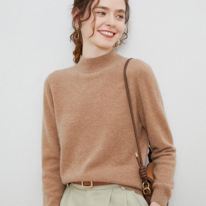 

Женский свитер с высоким горлом на осень и зиму, 100% чистая шерсть, свободный тонкий свитер, однотонная кофта с длинным рукавом S