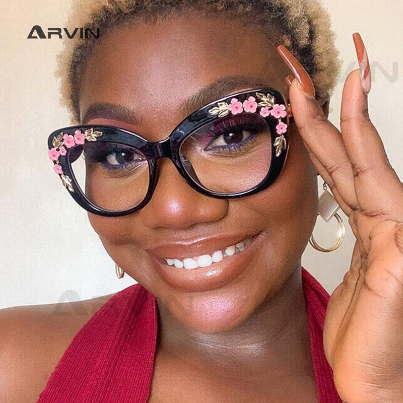 Flower Sunglasses Women Cat Eye Glasses Frame Anti Blue Light Blocking Computer Eyeglasses Ladies Vintage Spectacles Frames