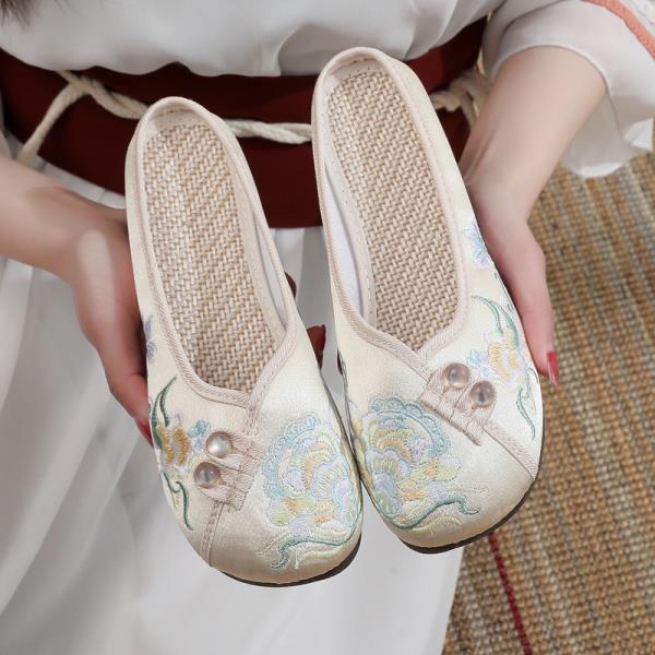 Fashion Shoes Ladies' Slippers Cover Toe Shallow Flat Rubber Floral Fabric Slides Embroider Retro Round Shoes Woman 2025 Shallow Cover T