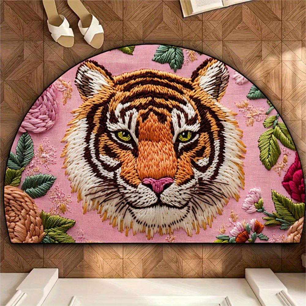 Tapis de porte demi-cercle Tigre Rose tapis de sol avec imprimé floral et de feuilles pour Chambre Salon Cuisine décoration intérieure plat 2D 40x60cm-Felt