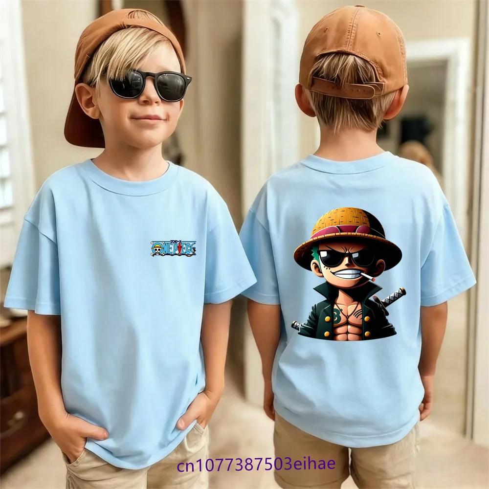 Stylish Kids Boys Luffy TShirt Anime One Piece Cartoon Print Summer Short Sleeve Breathable Lightweight Soft Cotton Daily Wear