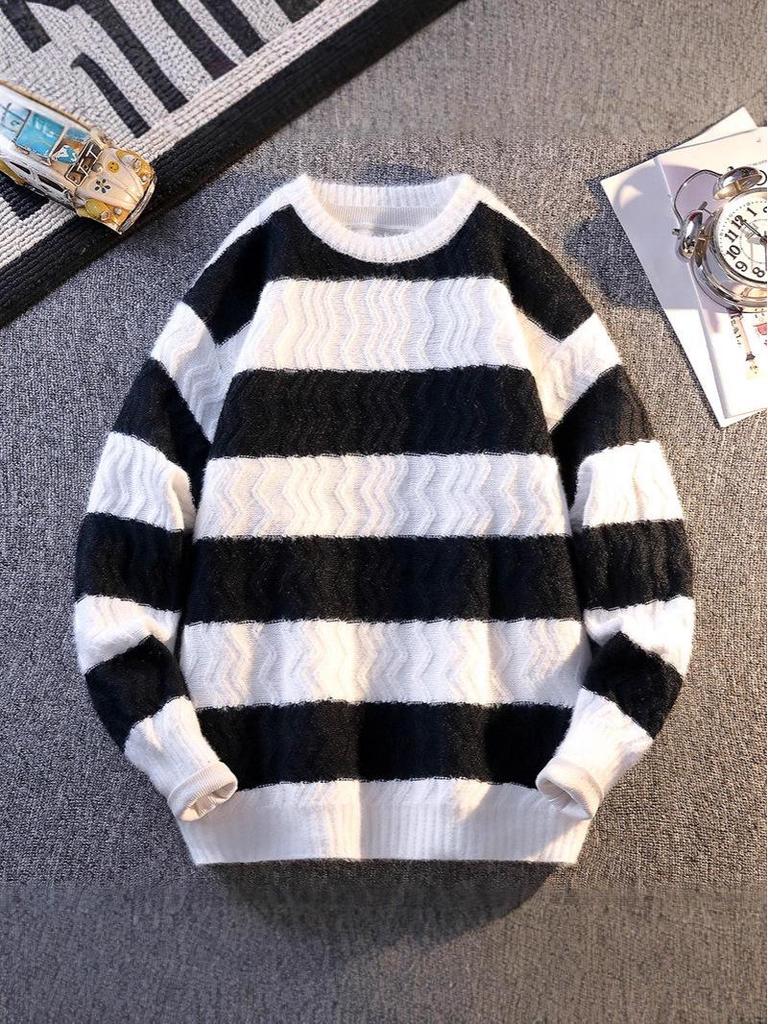2025 Autumn/Winter Men's Korean Style Color Block Knitted Striped Pullover Sweater – Casual, Warm, Round Neck, Loose Fit.