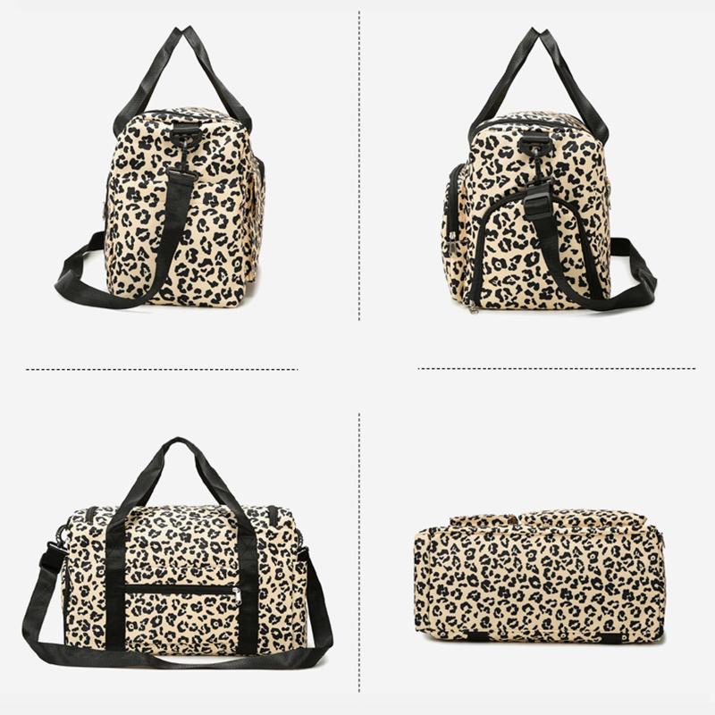 Klassisk leopardmønstret fritidsbag med stor kapasitet og tørr-våt-separasjon, flere lommer og skorom, sports- og treningsreisebag