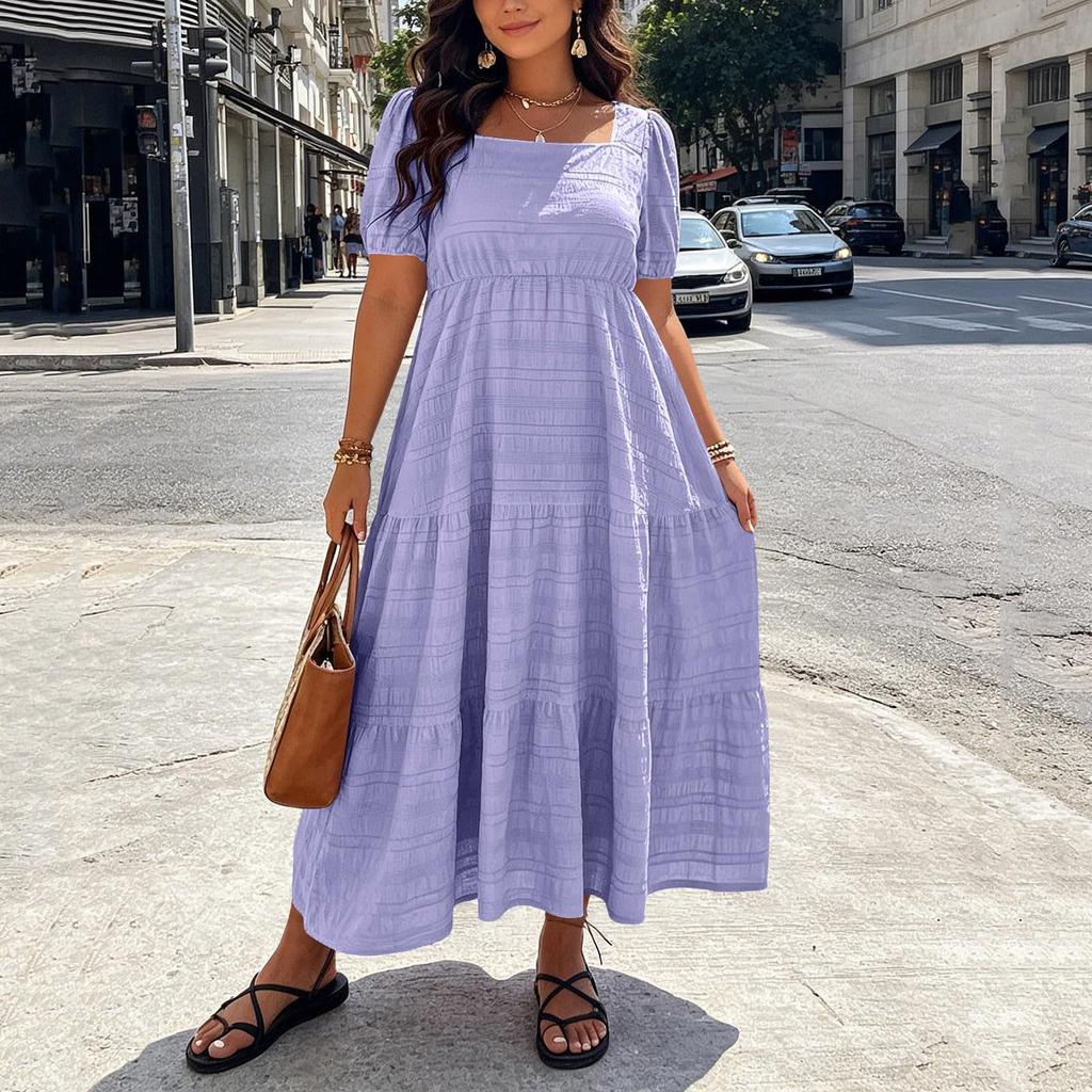 Women Plus Size Bohemian Maxi Dress Square Neck Puff Sleeve Loose Fit Casual Long Dress for Summer Beachwear
