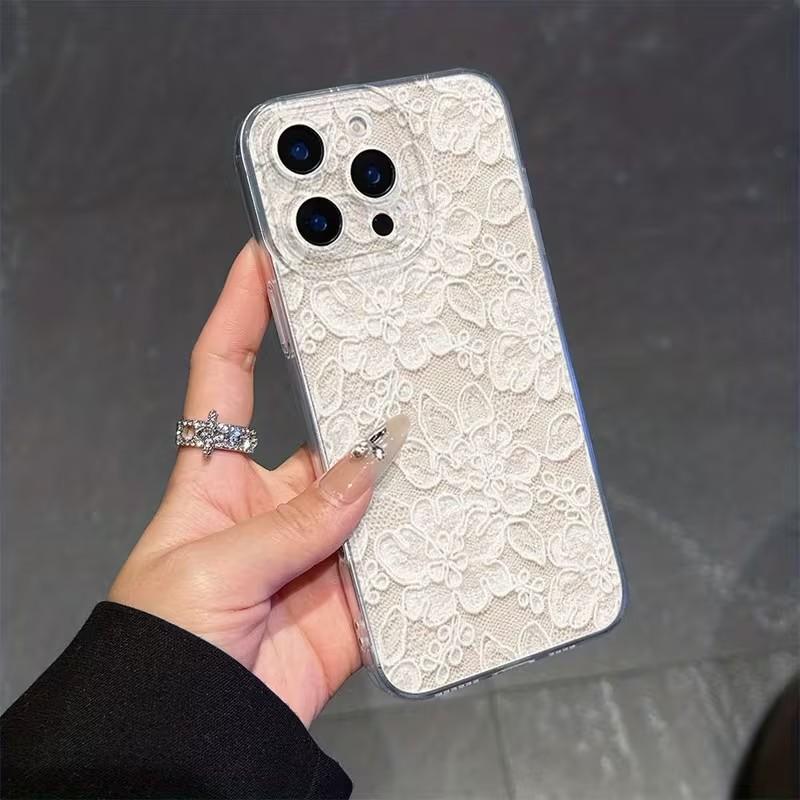 Transparente weiße Spitze Print Handyhülle für Samsung Galaxy S25 FE S24 S23 Ultra S22 Plus A56 A16 A06 A36 A54 A15 A55 A35 Hülle