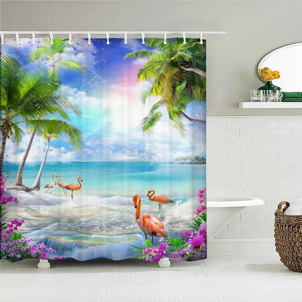 Flamingo Shower Curtains Green Leaf Bathroom Waterproof Polyester Fabric Printing Shower Curtain Decoration Bath Screen