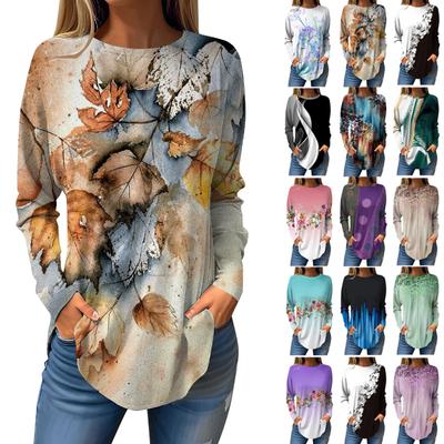 Tee Shirts For Women Fall Casual Long Sleeve Shirts Sweatshirt Retro Printing Top Pullover