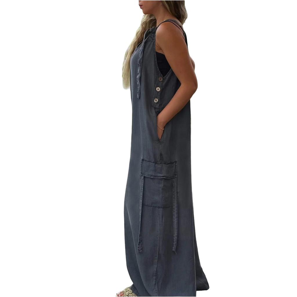 Women's Fashion Casual Loose Pocket V-Neck Colour Jumpsuit