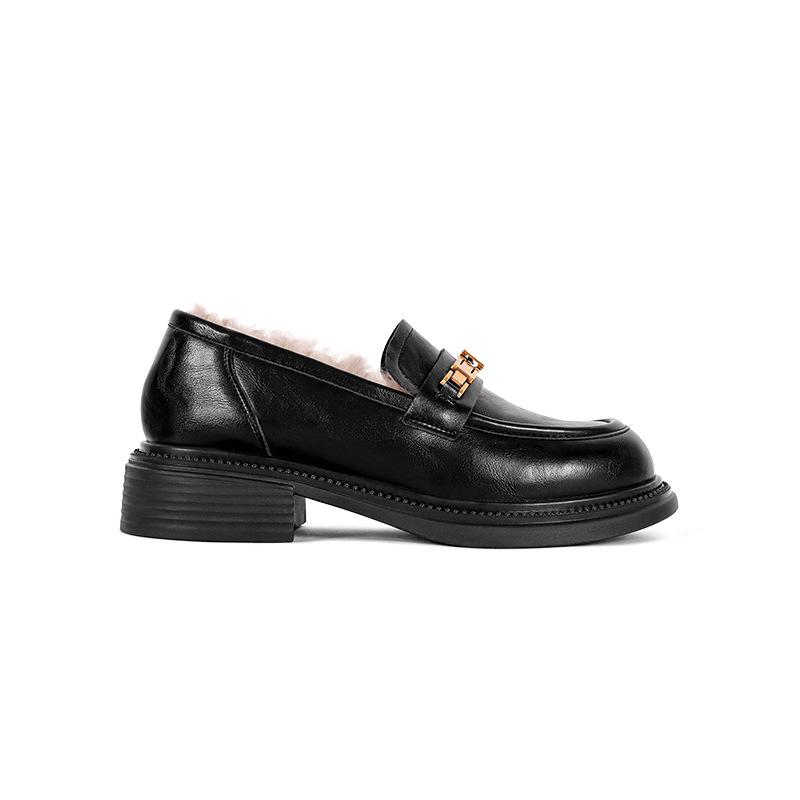 [Lammfellversion] 2025 neue Leder Loafer im britischen Stil mit dicker Sohle und Absatz für Damen, kleine goldene Schnalle, Herbst und Winter Samt