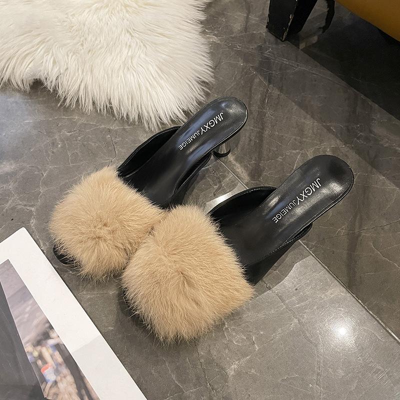 Mao Mao High Heels Women's 2024 Spring and Autumn New British Style Fashion Outer Wear Pointed Head Thin Heel Bag Head Half Slippers