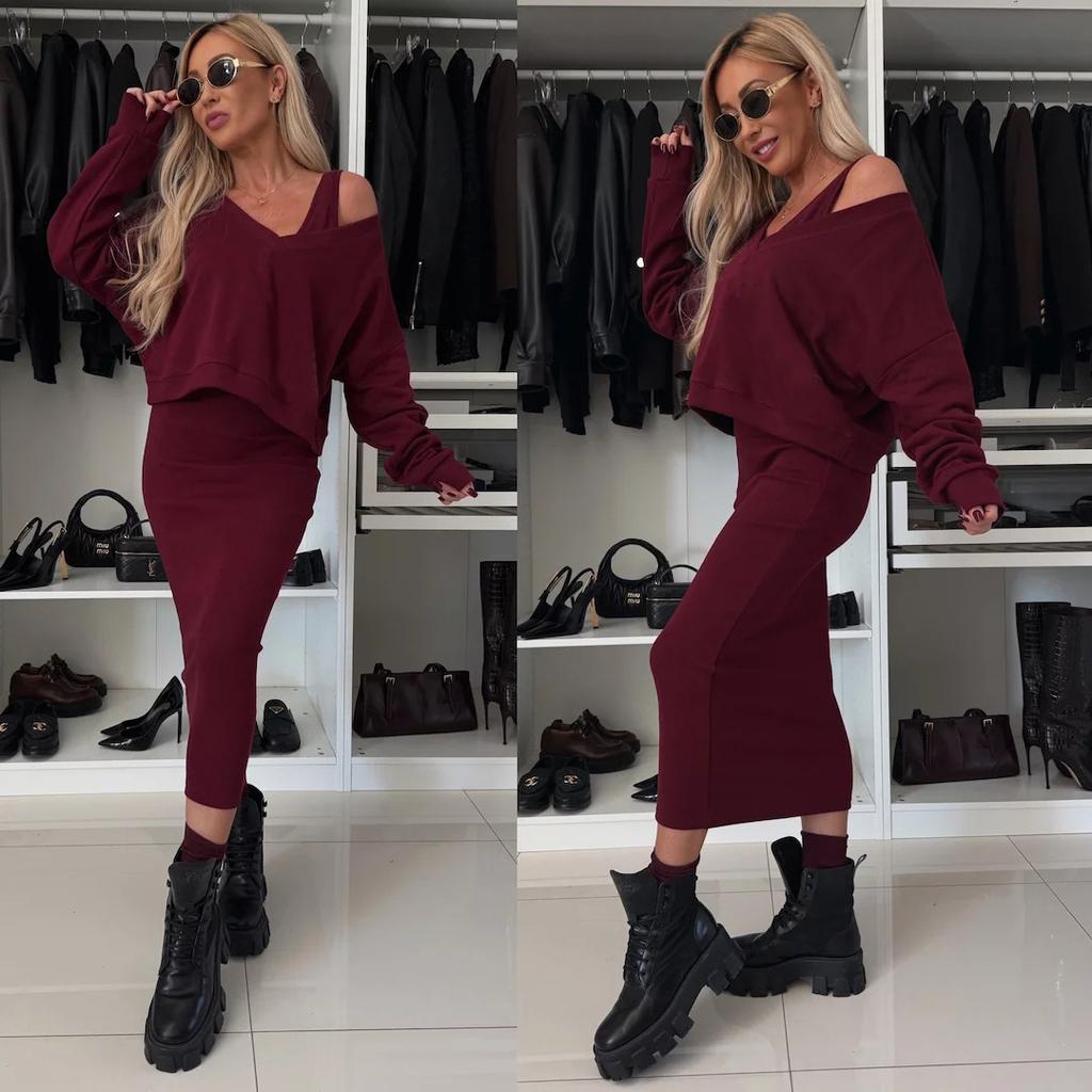Women's 2-Piece Outfit V-Neck Long Sleeve Sweatshirt with Slim Fit Camisole Dress Solid Color Summer Spring Set