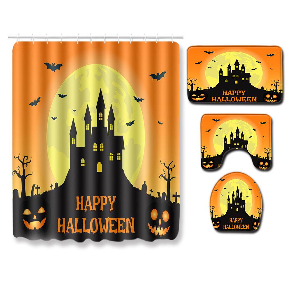 Halloween Shower Curtain Floor Mat Combination Four-Piece Set Bathroom Toilet Carpet Shower Room Foot Mat