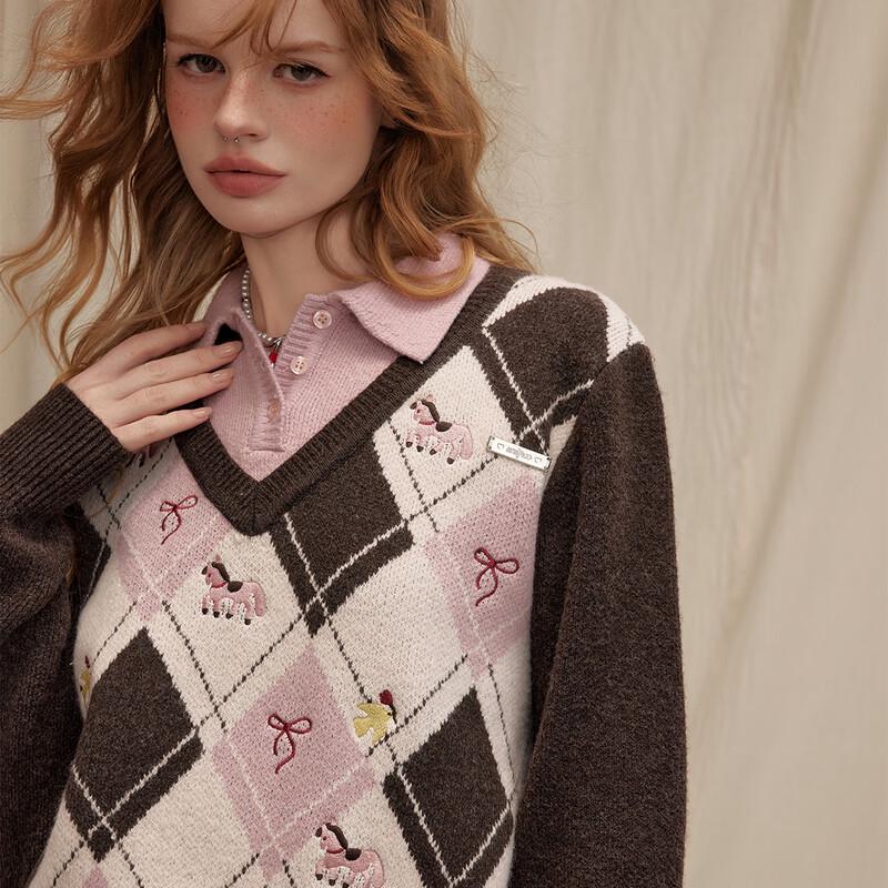 UNIFREE Women's Faux Two-Piece Plaid Knit Sweater