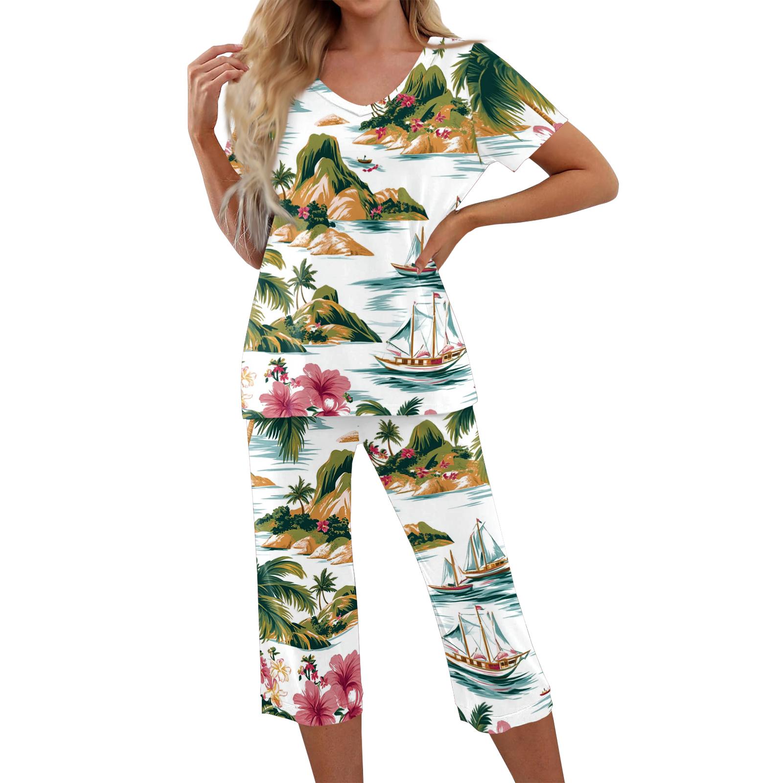 

2 Piece Sets For Women Short Sleeve Top And Pants With Pockets Workout Soft Print Sets S