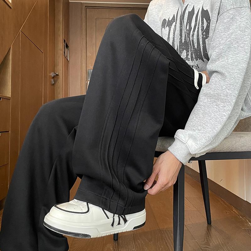 Pure Cotton Knitted Straight Line Pleated Men's Spring and Autumn American High Street Loose Wide-leg Floor Casual Trousers