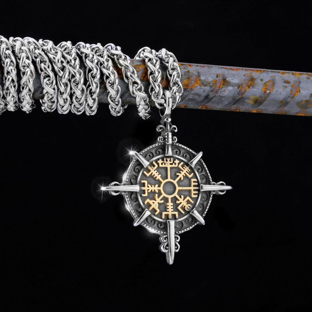 Collana Bussola Vichinga Colore Oro Vintage Uomo Acciaio Inossidabile Antico Rune Norrene Ciondolo Amuleto Vegvisir Uomo Regali Gioielli