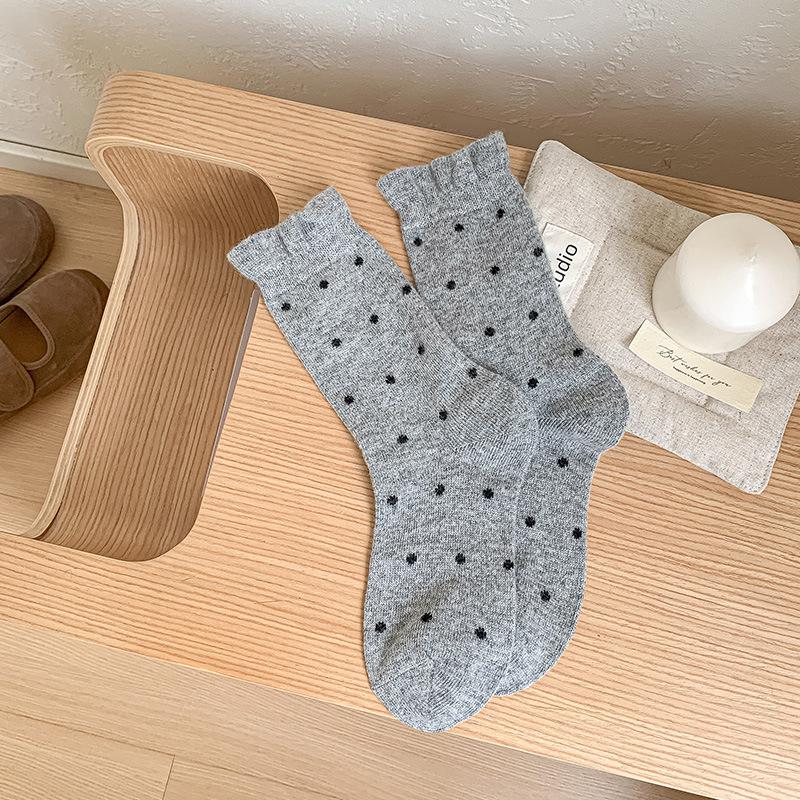 Polka Dot Wool Socks Medium Tube Socks Thickened Cashmere Thermal Stacking Socks White Versatile Double Needle Stockings