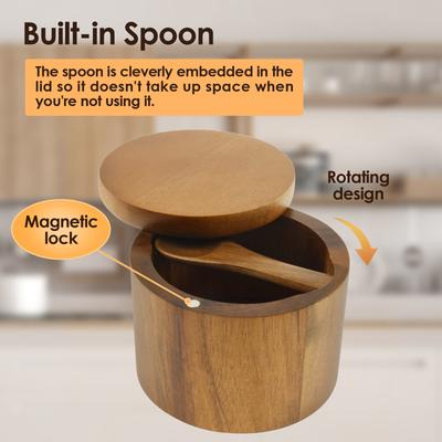 Salt Seasoning Jars Pepper Jar Wooden Condiment Box Bowl Storage Pot with Spoon and Magnetic Swivel Lids Salt Cellar for Kitchen