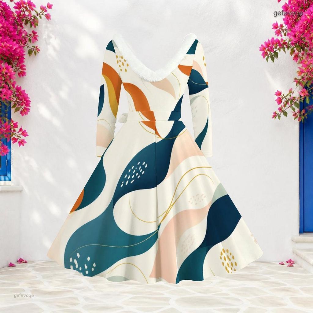 Women S Plus Size Furry Trim V Neck Long Sleeve Abstract Print A Line Midi Dress