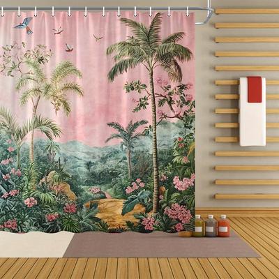 1 Vintage Botanischer Duschvorhang mit Palme und Hibiskus, Pastellfarben und Vögel, 12 Haken, 70x70 Zoll