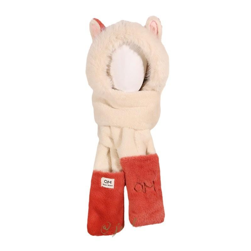 Hat Winter Fluffy Fire Fox Ears Warm Ski Scarf Gloves Integrated Hat Women's Thickened Three-piece Set